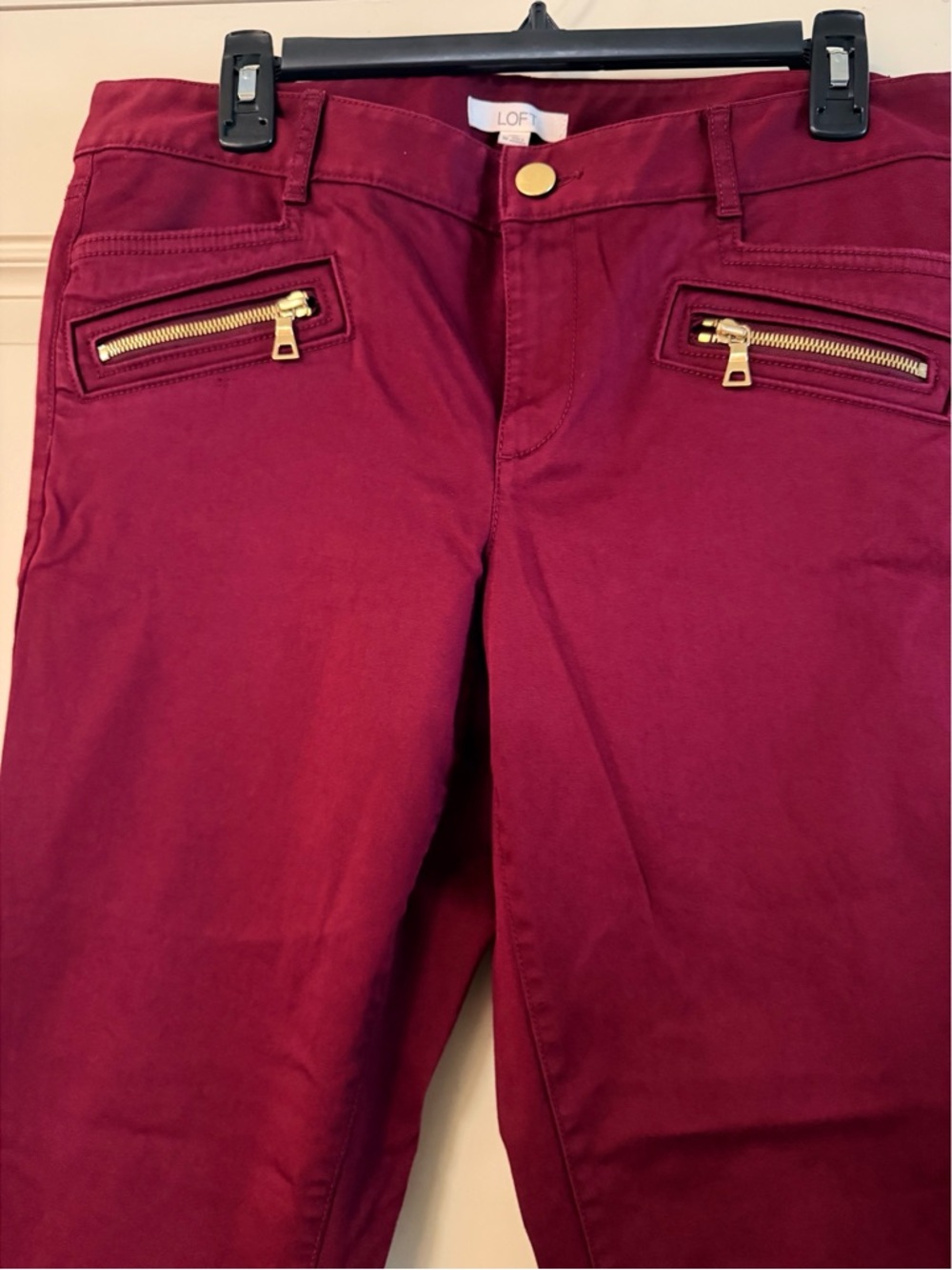 LOFT Women's Skinny Pants in Deep Wine with Gold Zippers